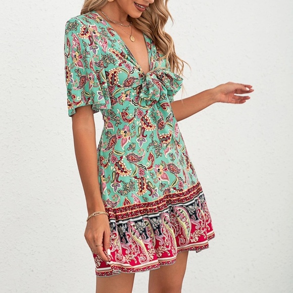 Boho Paisley Floral Print Butterfly Print Mini Dress - Picture 3 of 6